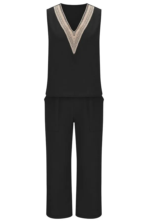 Mchoice Women's Summer Outfits Fashion V-neck Solid Color Sleeveless Tops and Loose Pocket Pants Suit