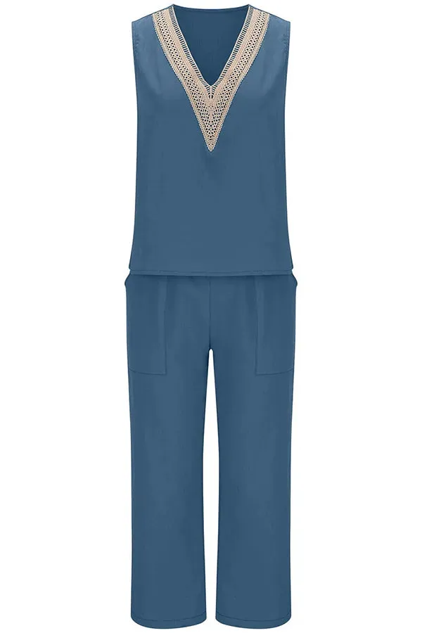 Mchoice Women's Summer Outfits Fashion V-neck Solid Color Sleeveless Tops and Loose Pocket Pants Suit