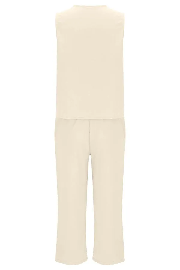 Mchoice Women's Summer Outfits Fashion V-neck Solid Color Sleeveless Tops and Loose Pocket Pants Suit
