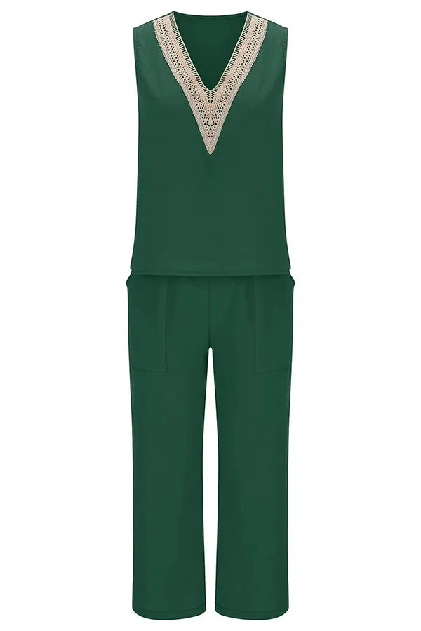 Mchoice Women's Summer Outfits Fashion V-neck Solid Color Sleeveless Tops and Loose Pocket Pants Suit