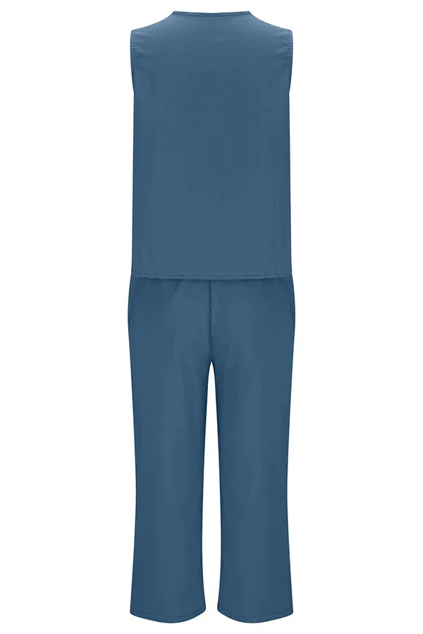 Mchoice Women's Summer Outfits Fashion V-neck Solid Color Sleeveless Tops and Loose Pocket Pants Suit