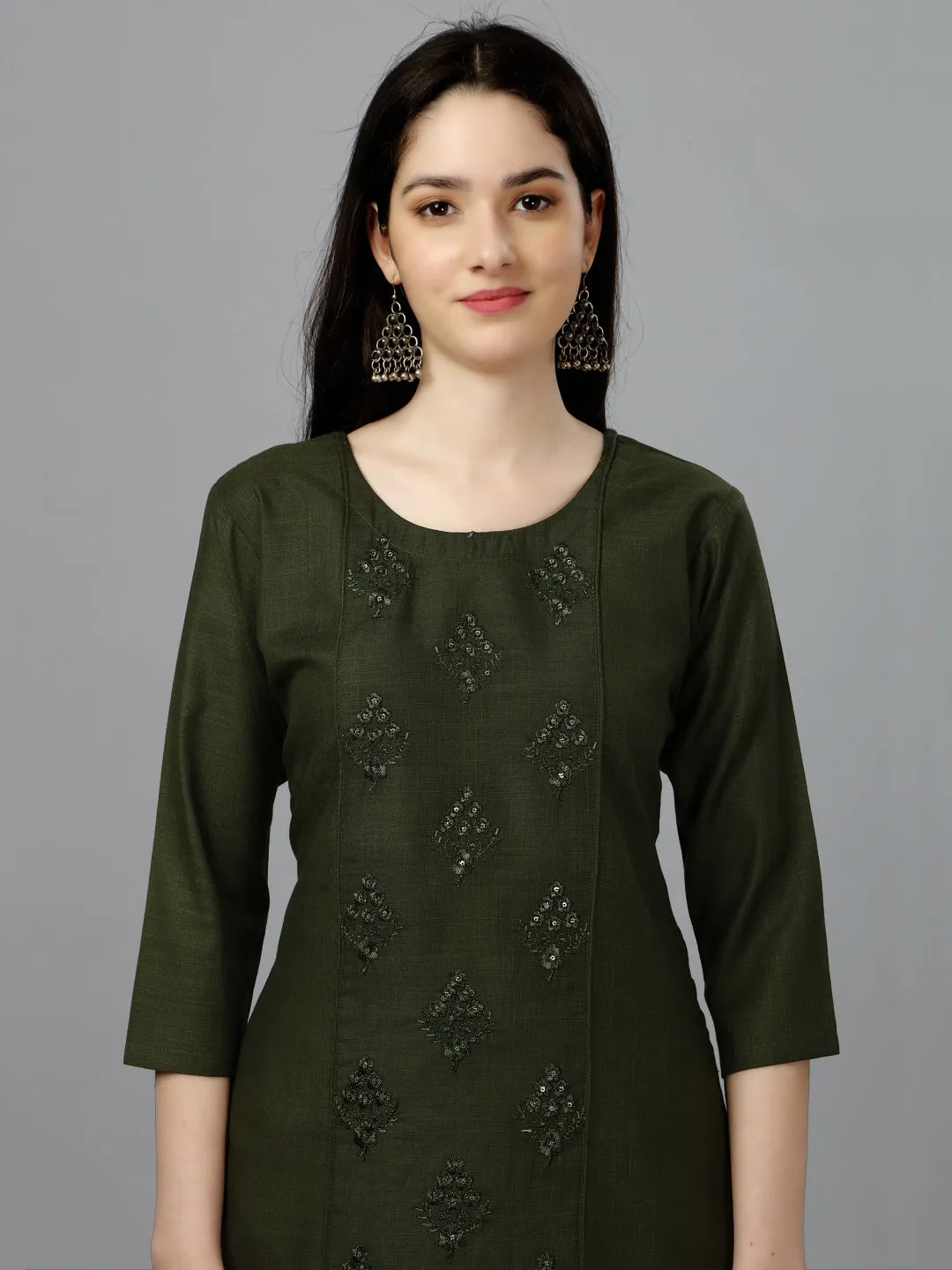 Mehendi Heavy Cotton Magic Slub With Casual Embroidery Kurti