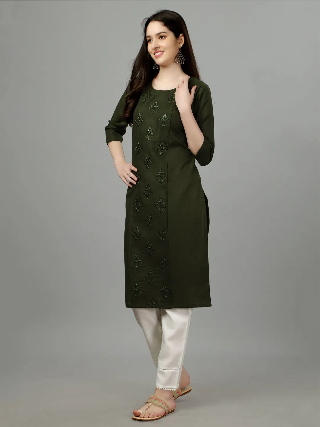 Mehendi Heavy Cotton Magic Slub With Casual Embroidery Kurti