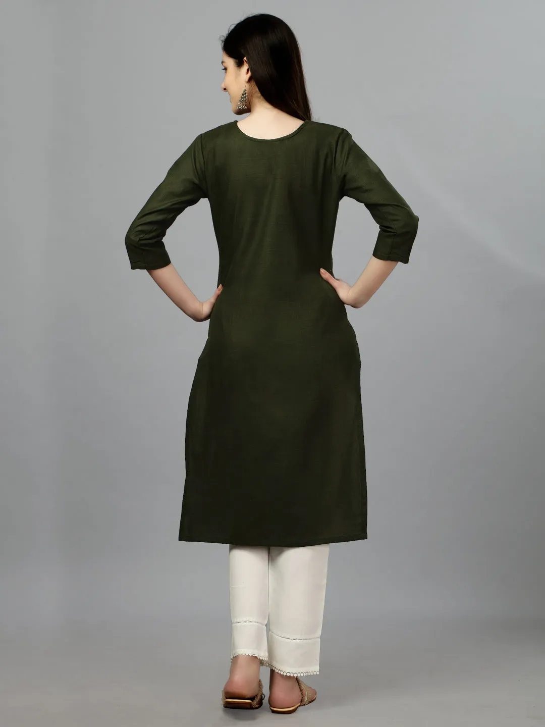 Mehendi Heavy Cotton Magic Slub With Casual Embroidery Kurti