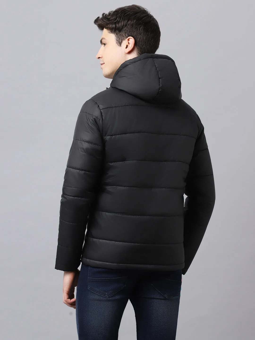 Men's Black Full Sleeve Zippered Hooded Neck Puffer Jacket