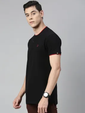 Men's Black Solid Mandarin Collar Slim Fit Cotton Polo T-Shirt