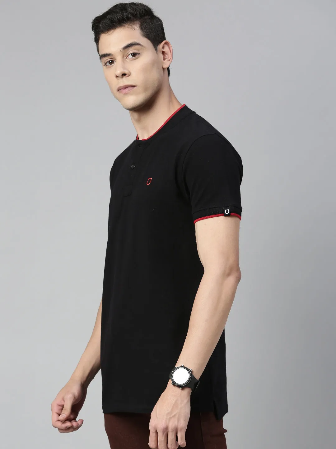 Men's Black Solid Mandarin Collar Slim Fit Cotton Polo T-Shirt