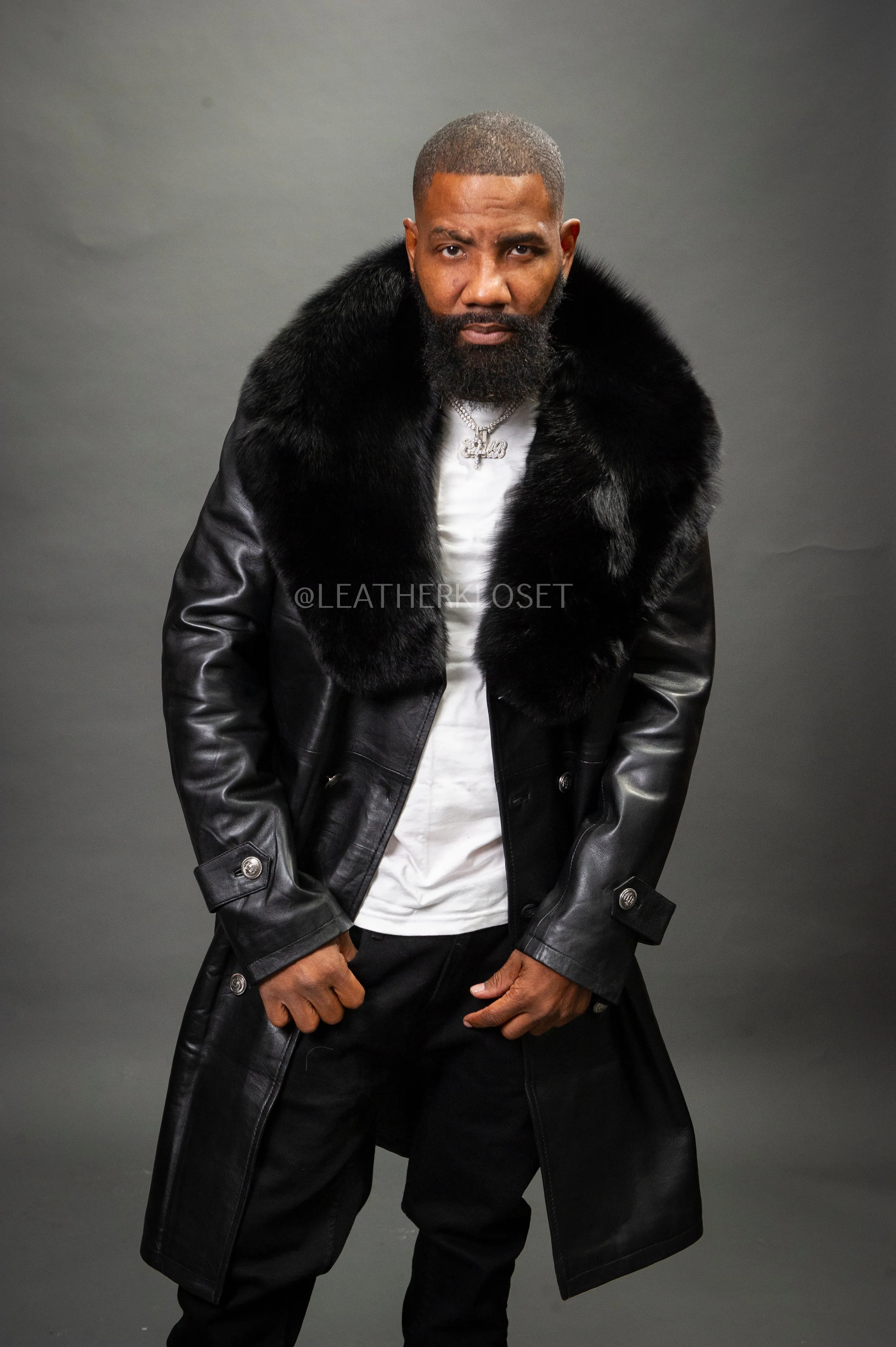 Men's Leather Trench Coat With Fox Fur Collar [Black/Black Fox]