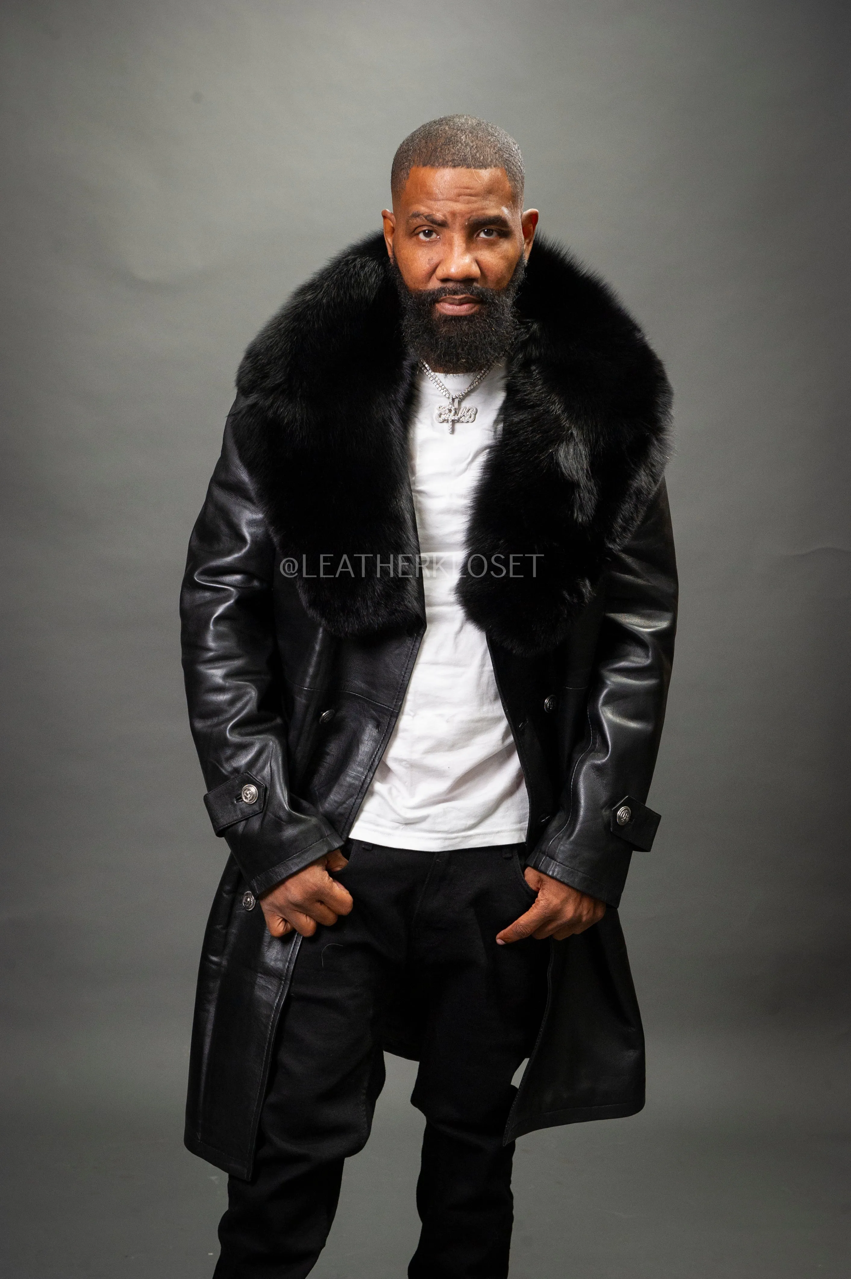Men's Leather Trench Coat With Fox Fur Collar [Black/Black Fox]