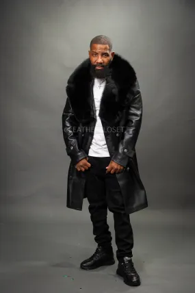 Men's Leather Trench Coat With Fox Fur Collar [Black/Black Fox]