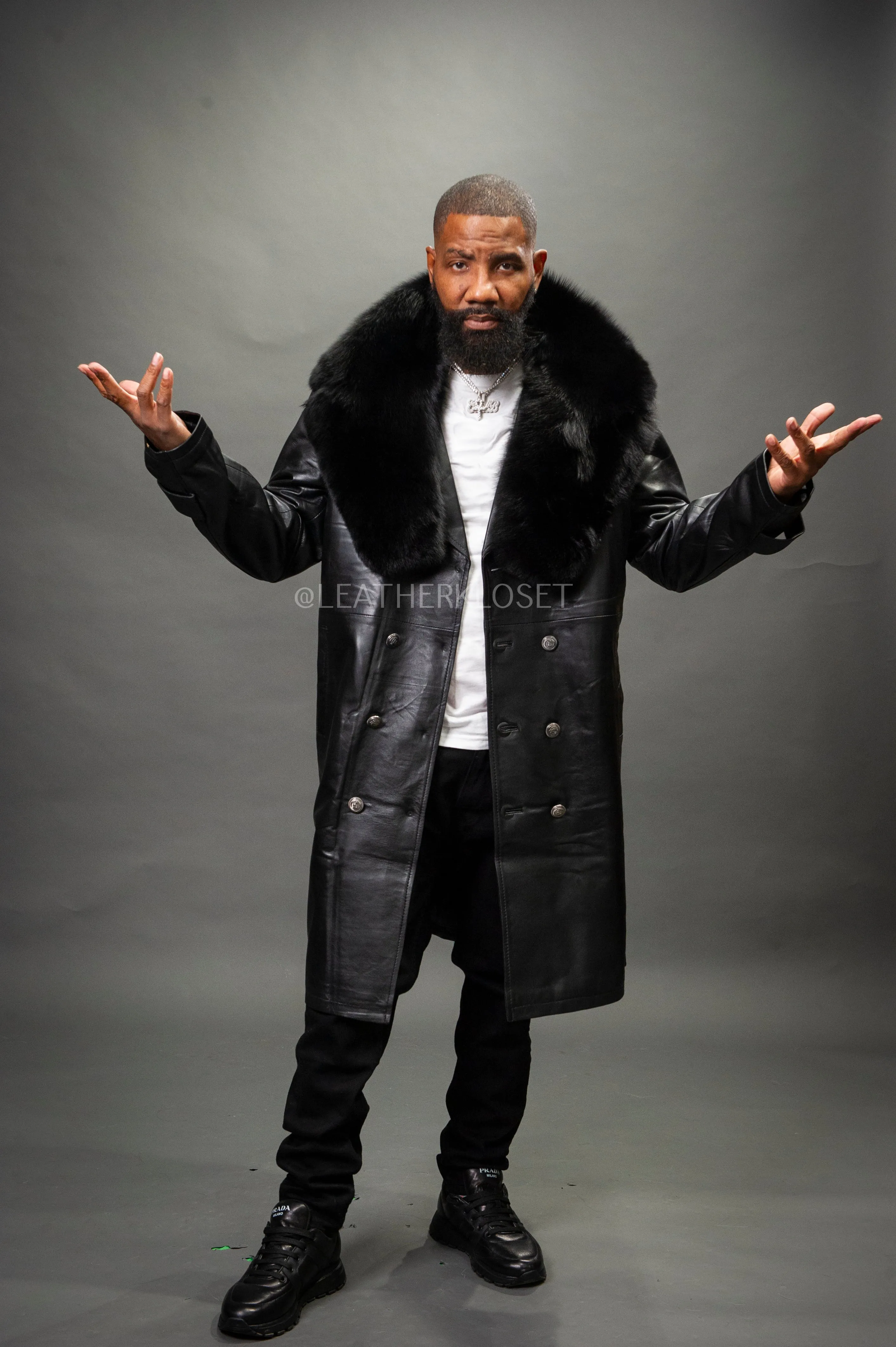 Men's Leather Trench Coat With Fox Fur Collar [Black/Black Fox]