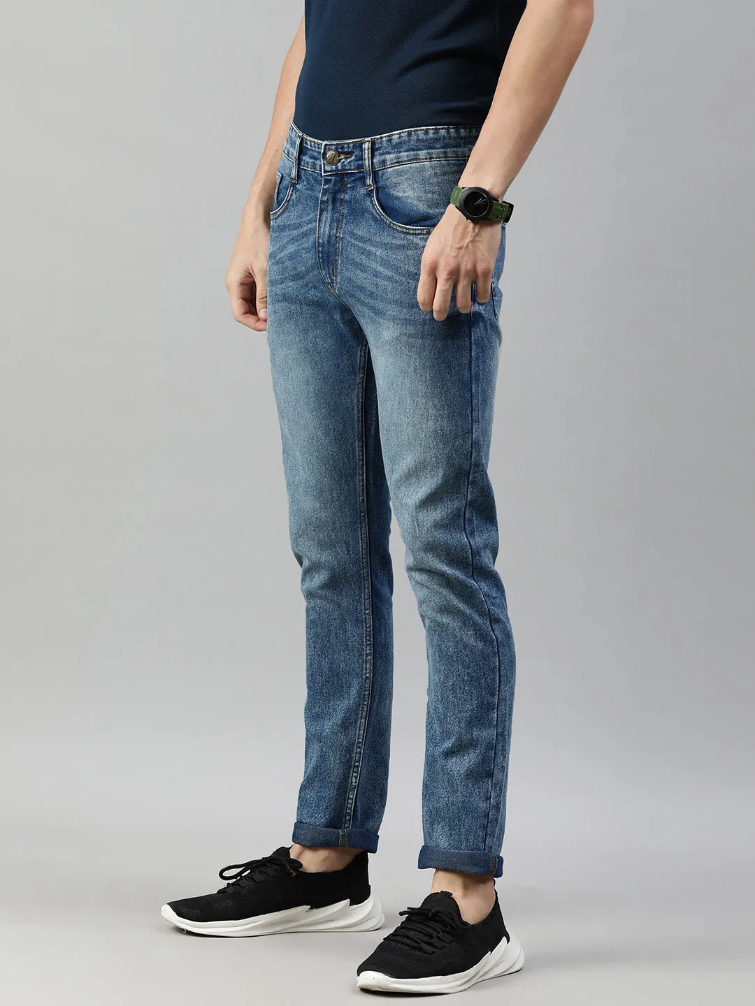 Men's Light Blue Slim Fit Whisker Washed Jeans Stretchable
