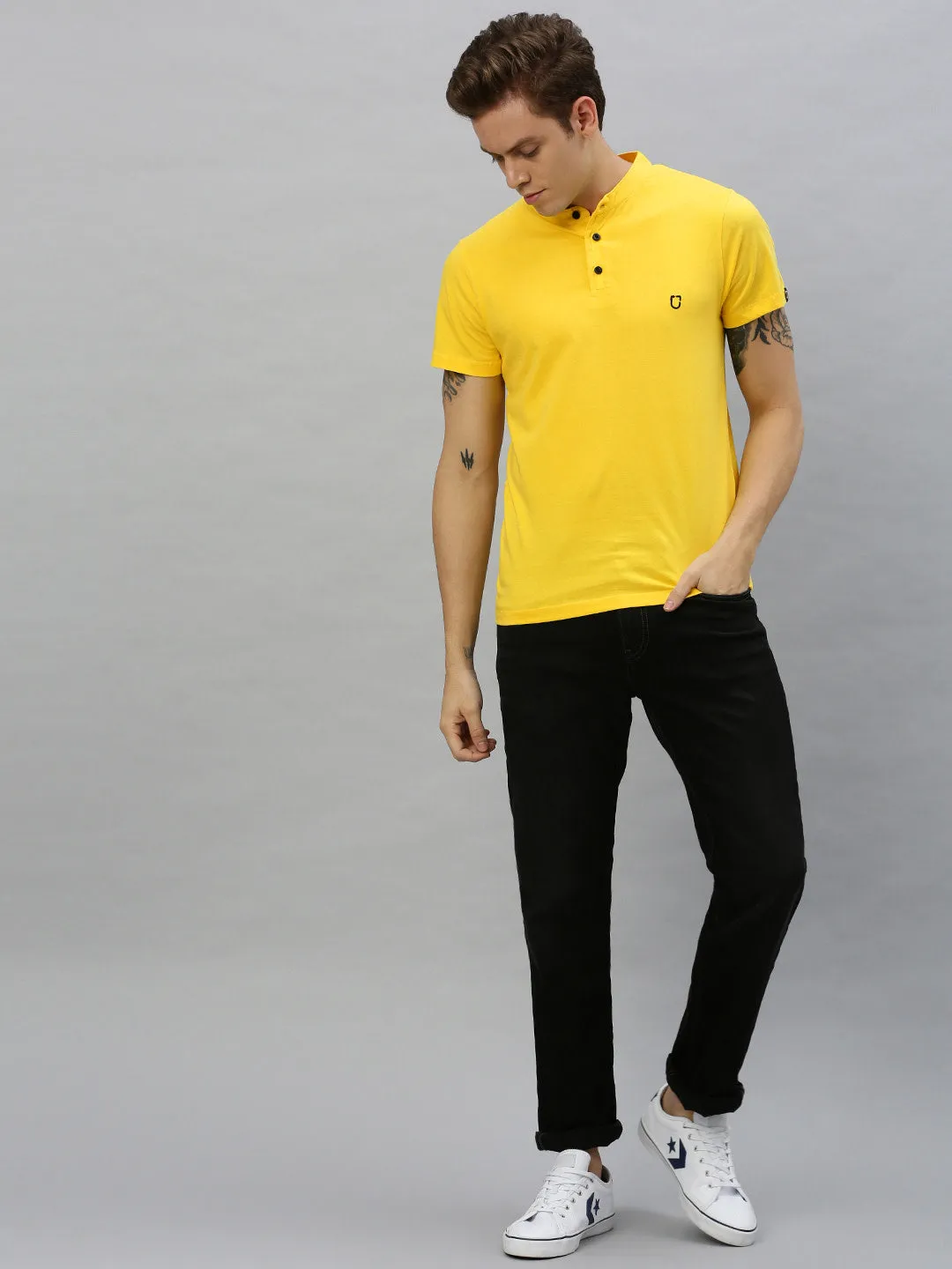 Men's Mustard Solid Mandarin Collar Slim Fit Cotton T-Shirt