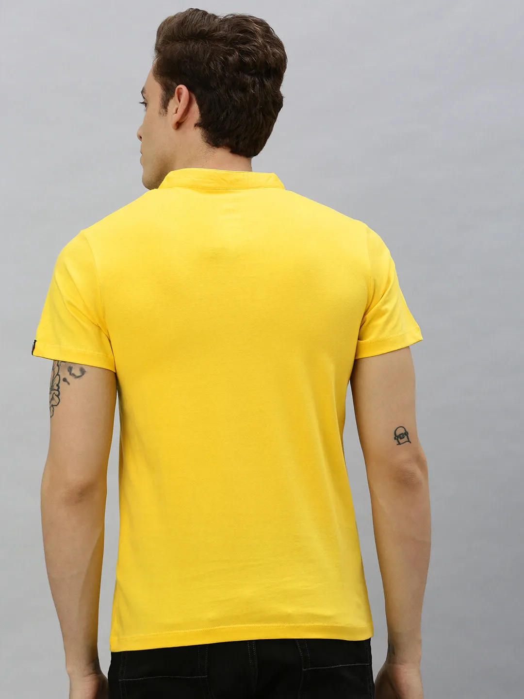 Men's Mustard Solid Mandarin Collar Slim Fit Cotton T-Shirt