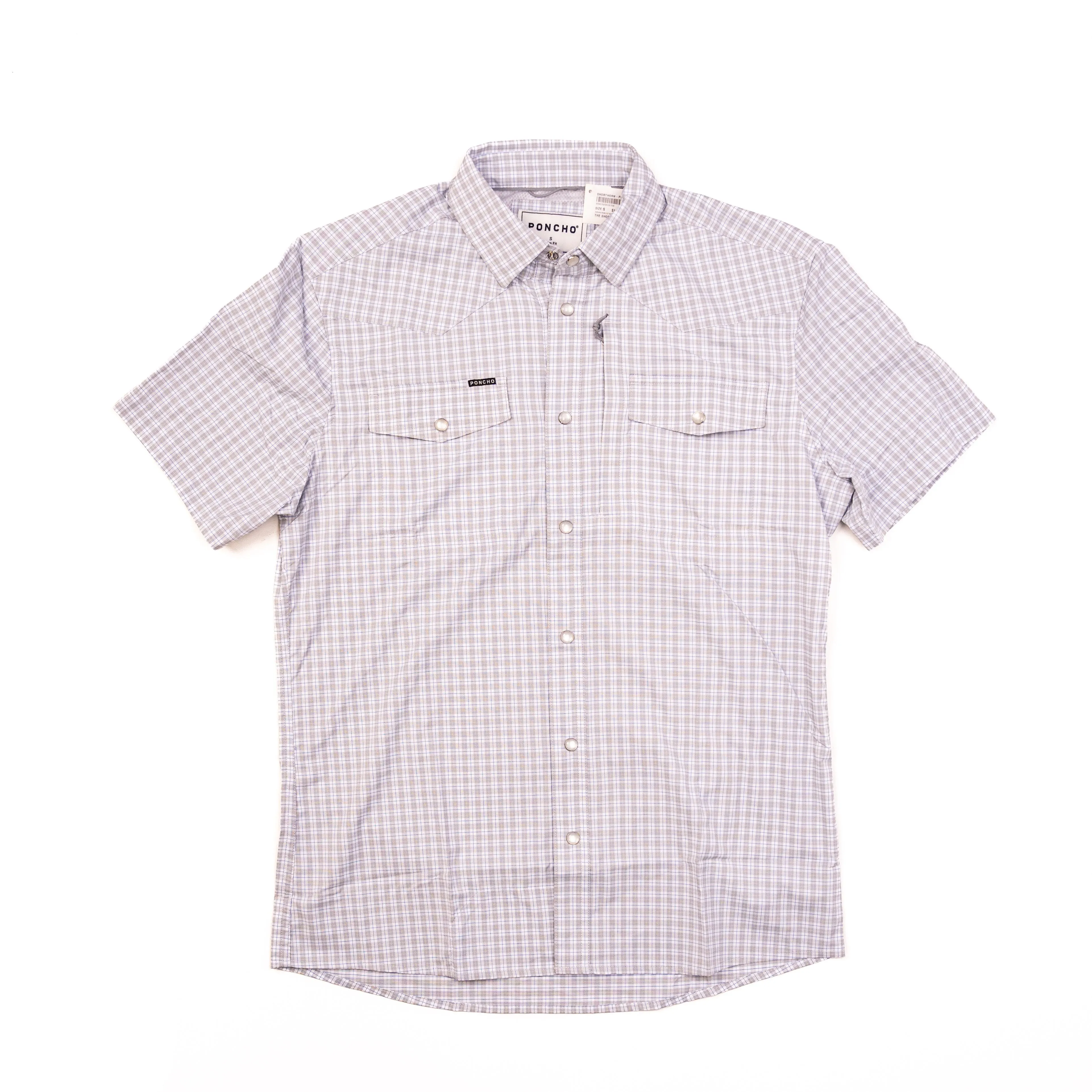 Men's Poncho White Plaid  Pearl Snap Shirt Shorthorn-Pld