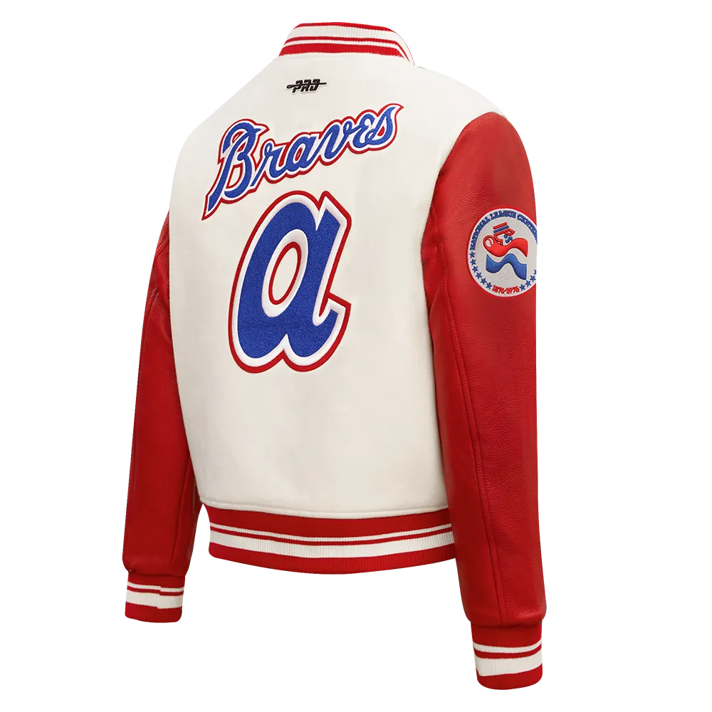 MLB ATLANTA BRAVES RETRO CLASSIC WOMEN'S RIB WOOL VARSITY JACKET (EGGSHELL/ RED)