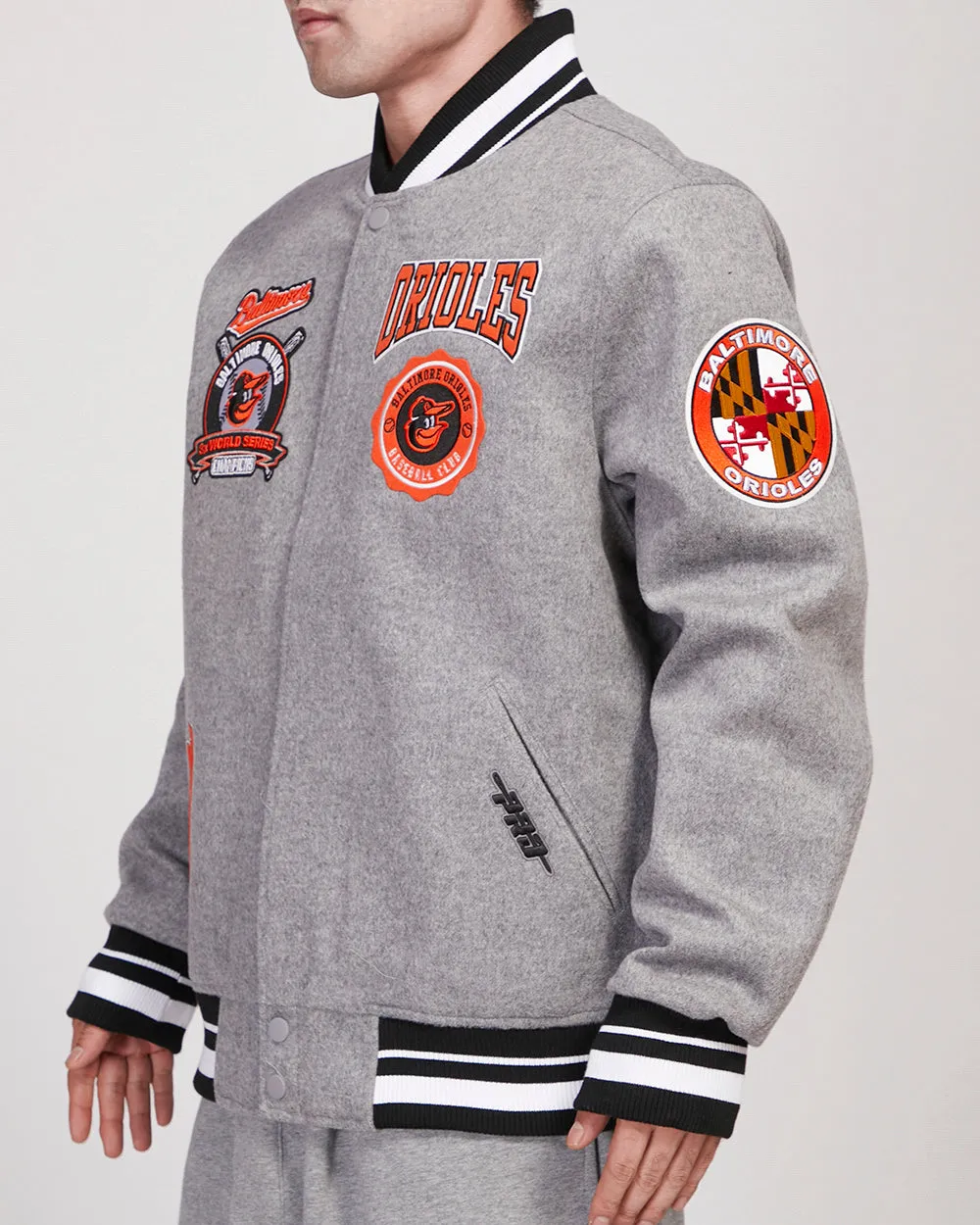 MLB BALTIMORE ORIOLES CREST EMBLEM MEN'S RIB WOOL VARSITY JACKET (HEATHER GRAY/BLACK)