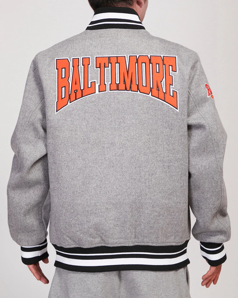 MLB BALTIMORE ORIOLES CREST EMBLEM MEN'S RIB WOOL VARSITY JACKET (HEATHER GRAY/BLACK)