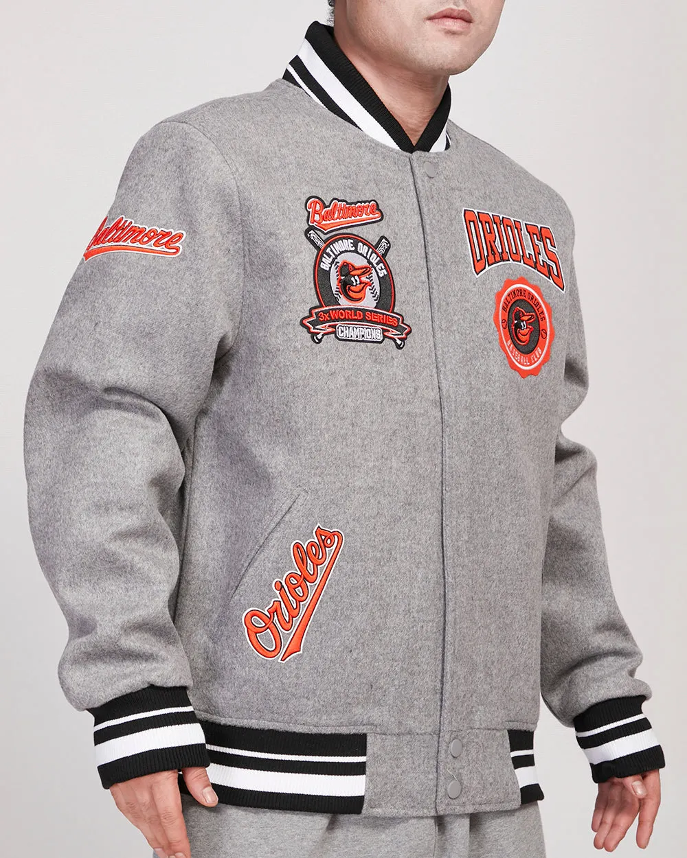 MLB BALTIMORE ORIOLES CREST EMBLEM MEN'S RIB WOOL VARSITY JACKET (HEATHER GRAY/BLACK)