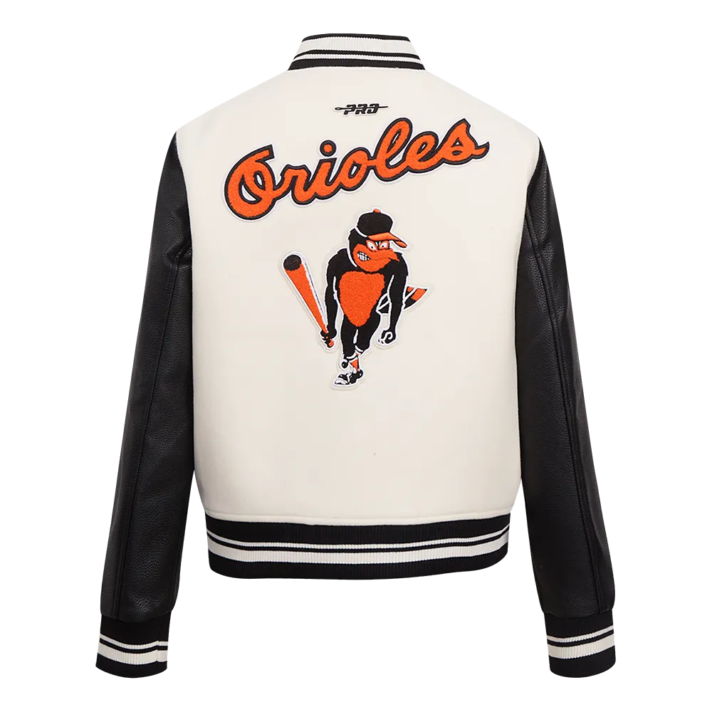 MLB BALTIMORE ORIOLES RETRO CLASSIC WOMEN'S RIB WOOL VARSITY JACKET (EGGSHELL/ BLACK)