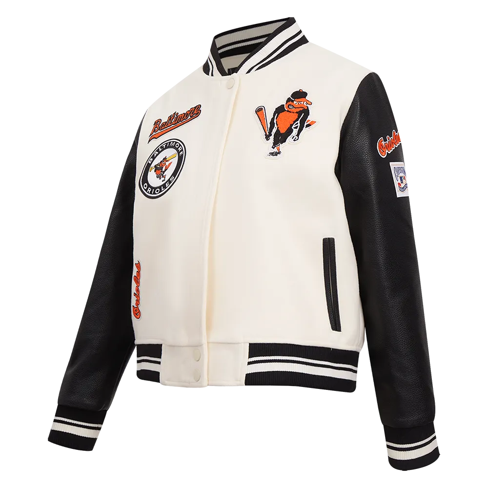 MLB BALTIMORE ORIOLES RETRO CLASSIC WOMEN'S RIB WOOL VARSITY JACKET (EGGSHELL/ BLACK)