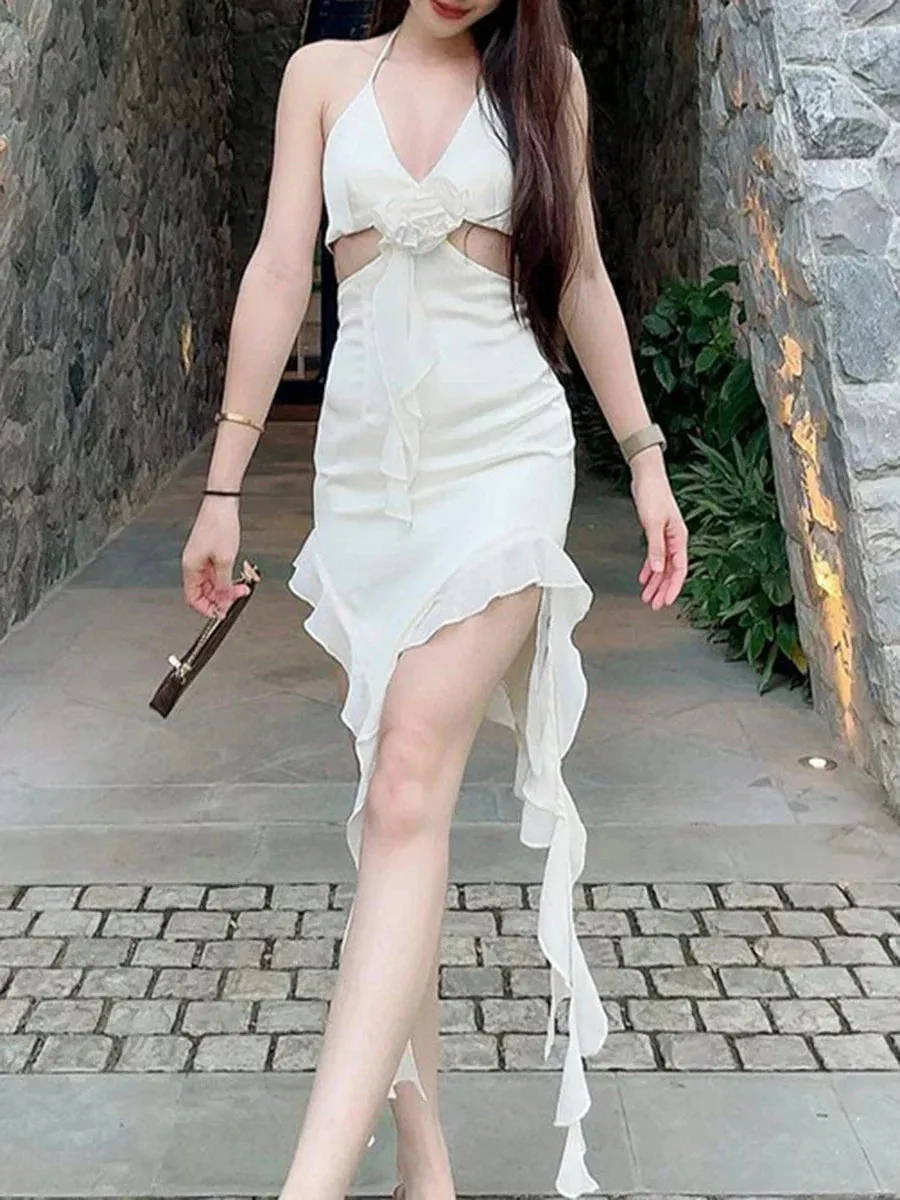 Neck Tie-up Sexy Backless Sleeveless Ir Regular Hem Ruffle Tassels Split Summer Halter Dress
