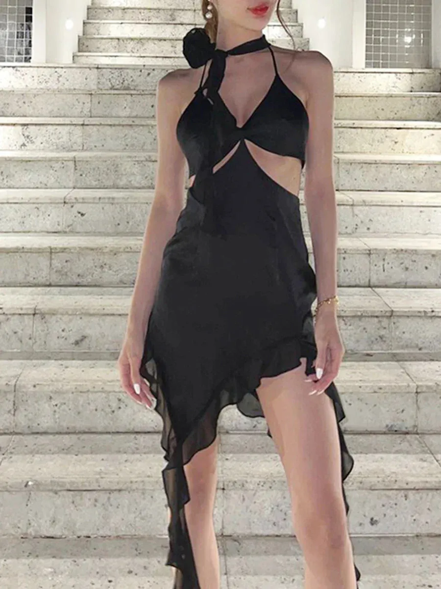 Neck Tie-up Sexy Backless Sleeveless Ir Regular Hem Ruffle Tassels Split Summer Halter Dress