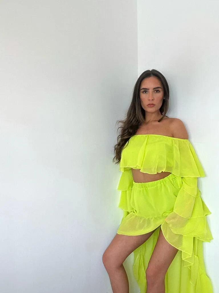 Neon Green Chiffon Frill Suit