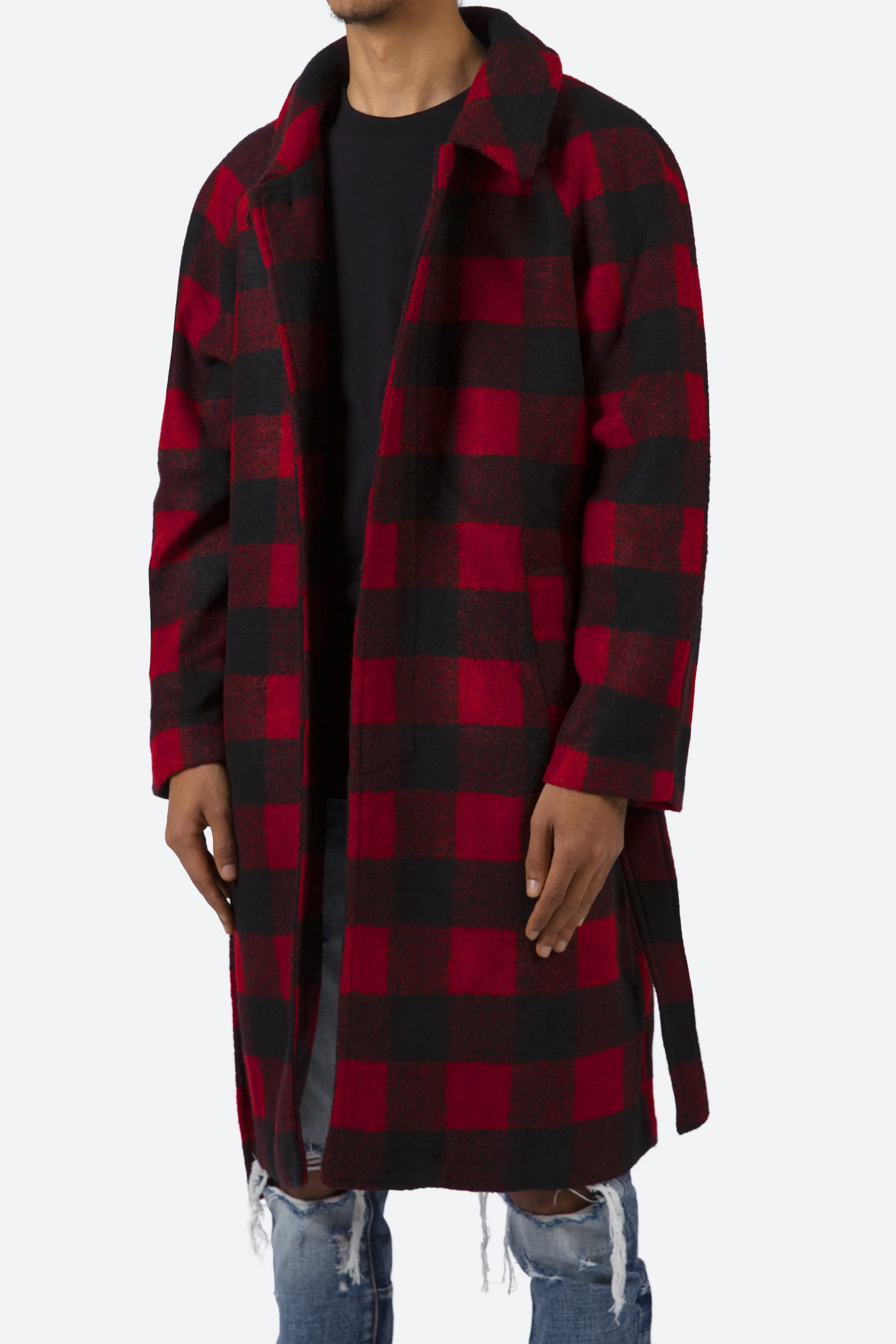 Black/Red Plaid Military-Style Trench Coat
