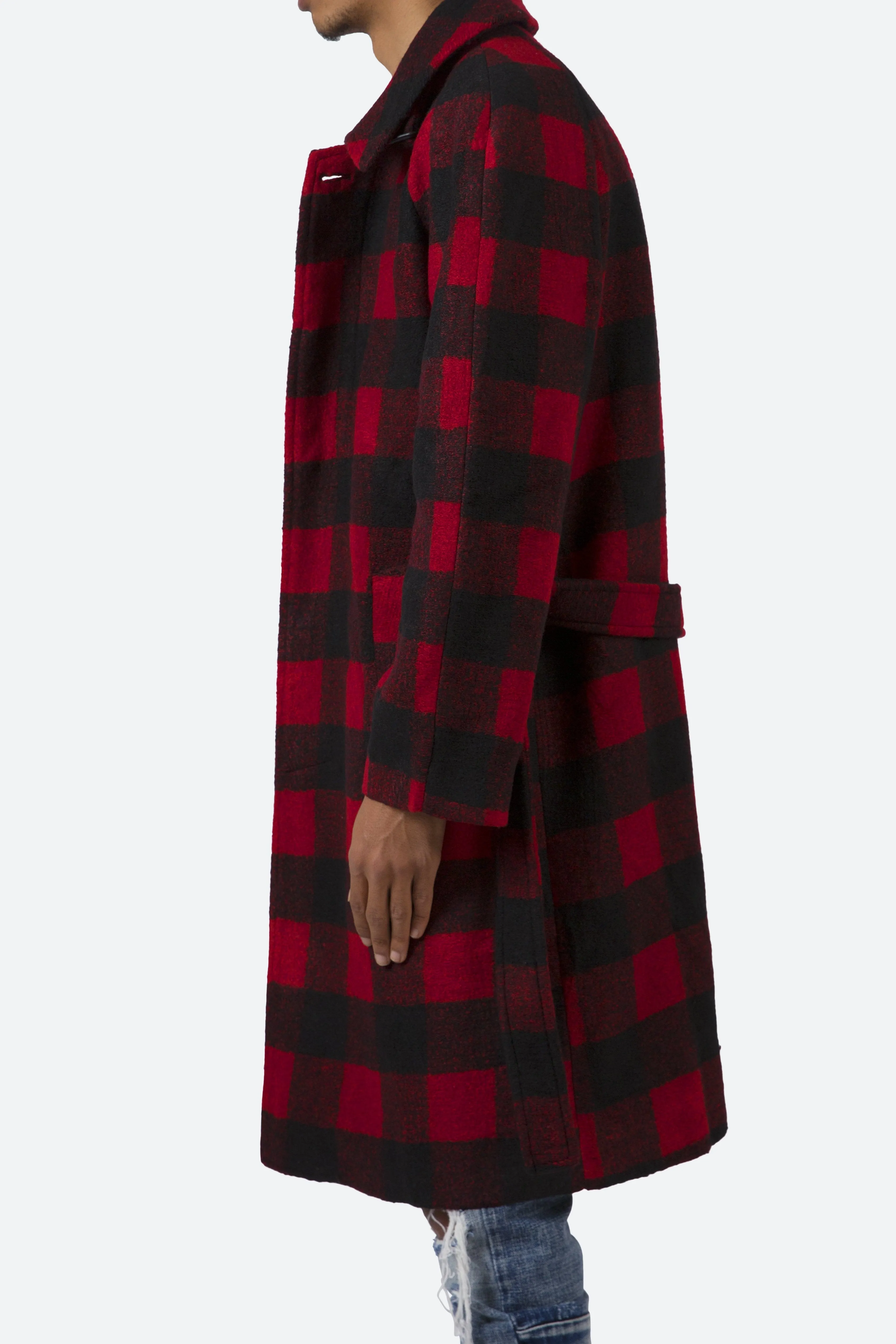 Black/Red Plaid Military-Style Trench Coat