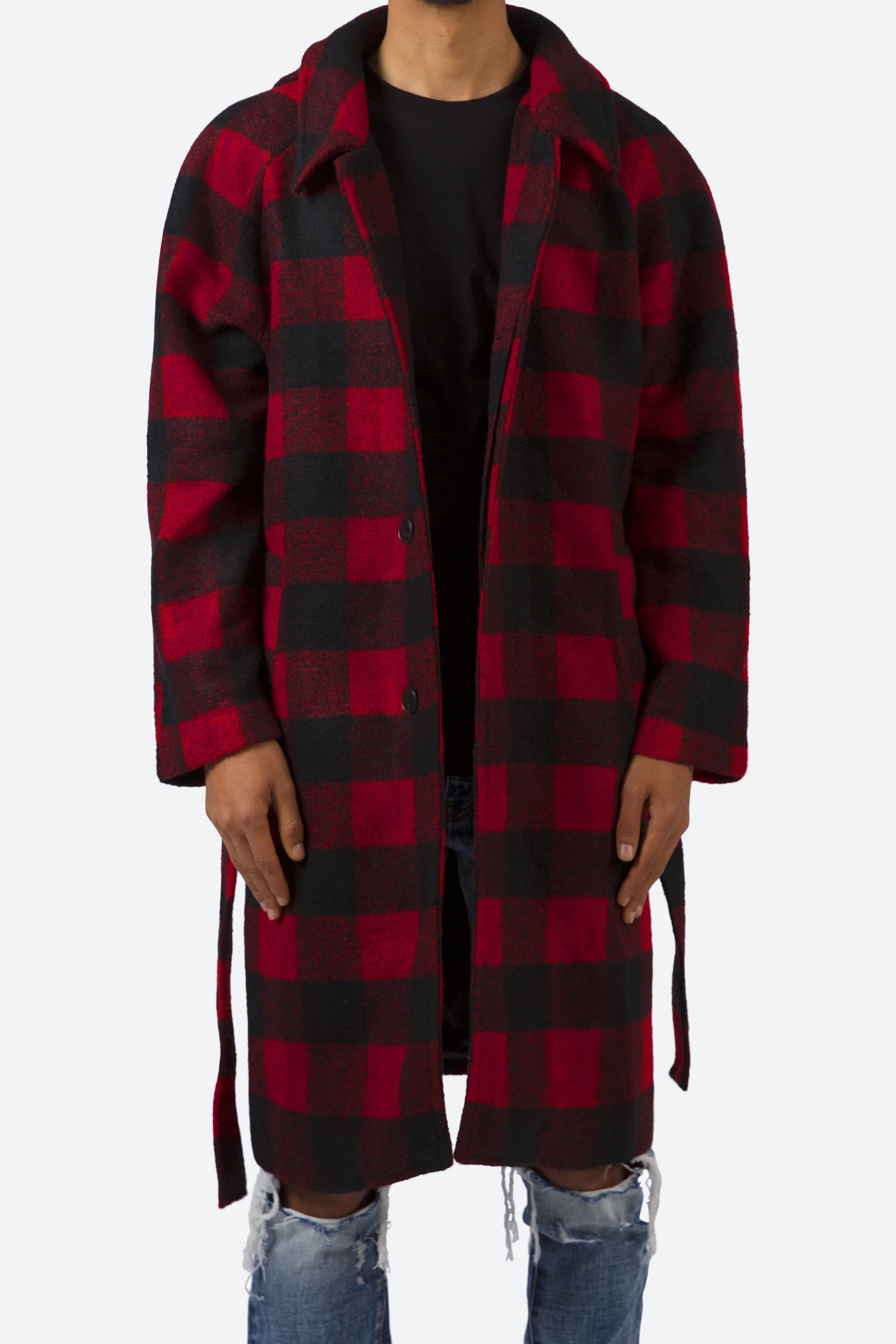 Black/Red Plaid Military-Style Trench Coat