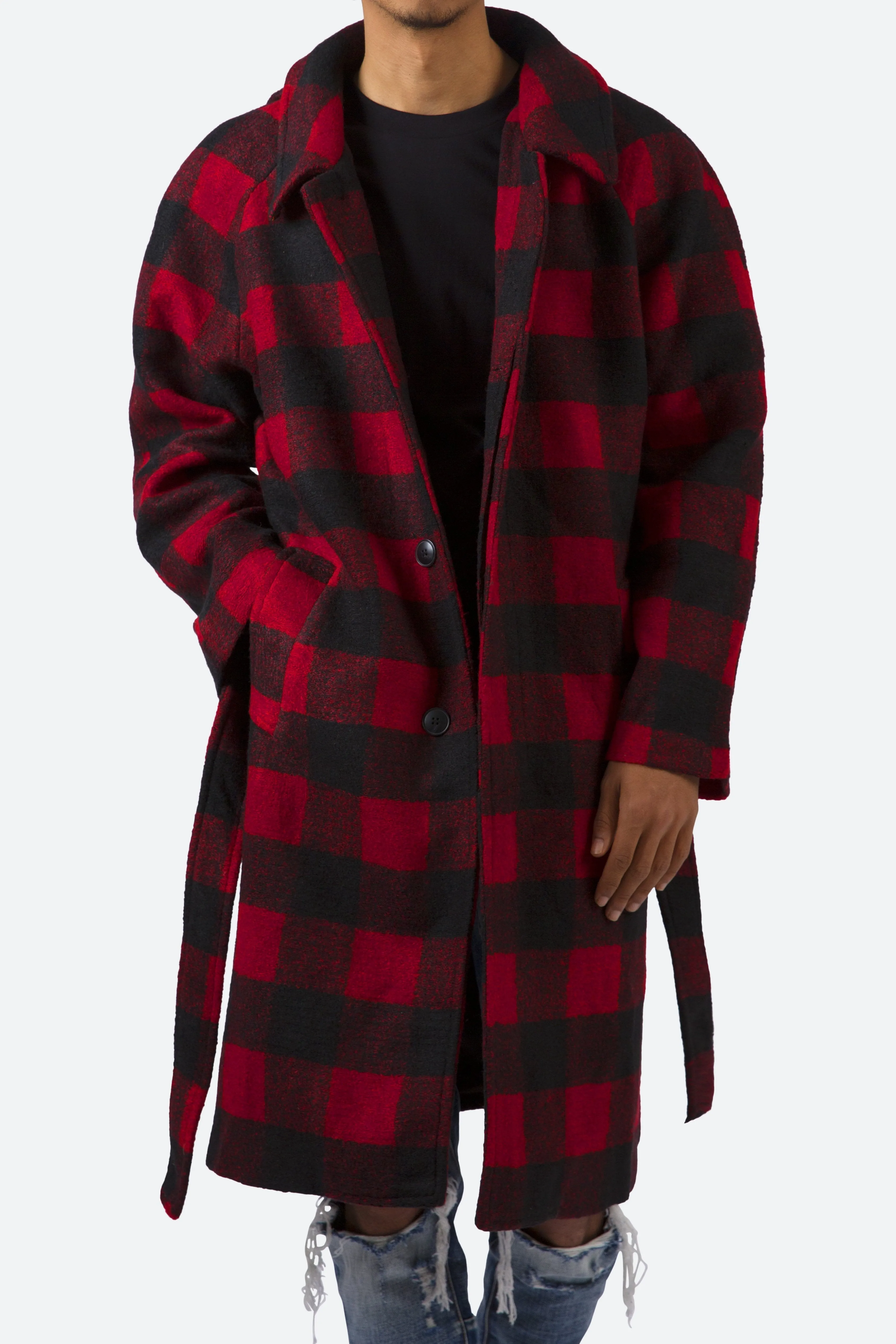 Black/Red Plaid Military-Style Trench Coat