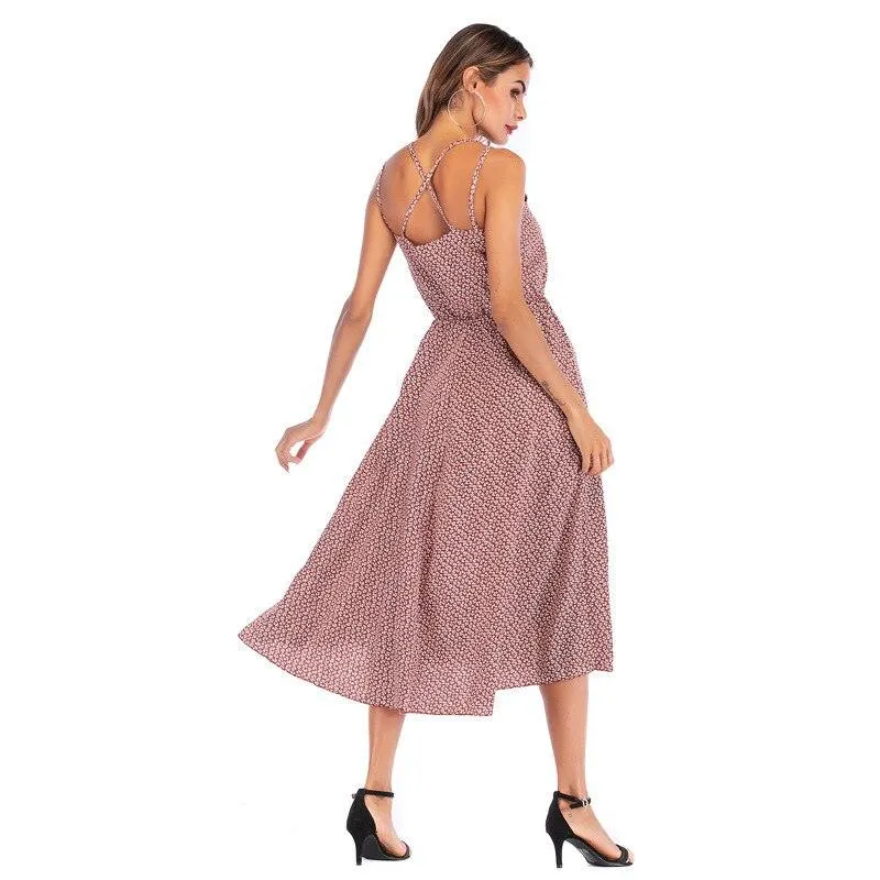 Red Print Chiffon Dress Sexy Slit Loose Midis👗