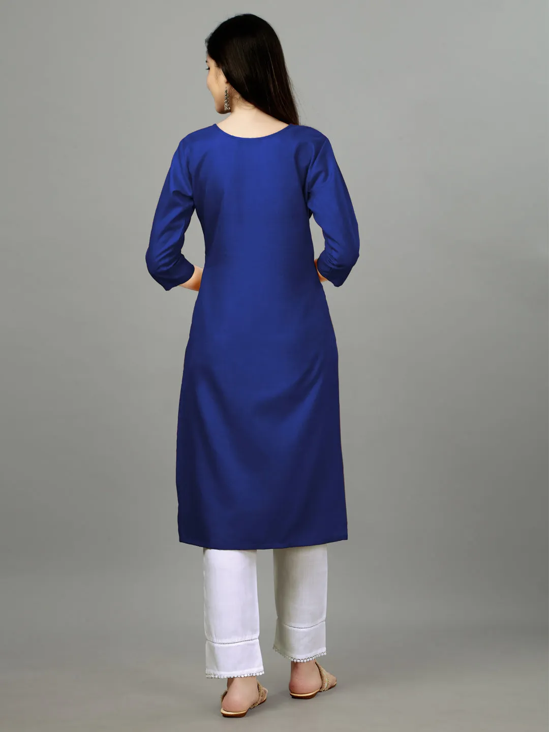 Royal Blue Heavy Cotton Magic Slub With Casual Embroidery Kurti