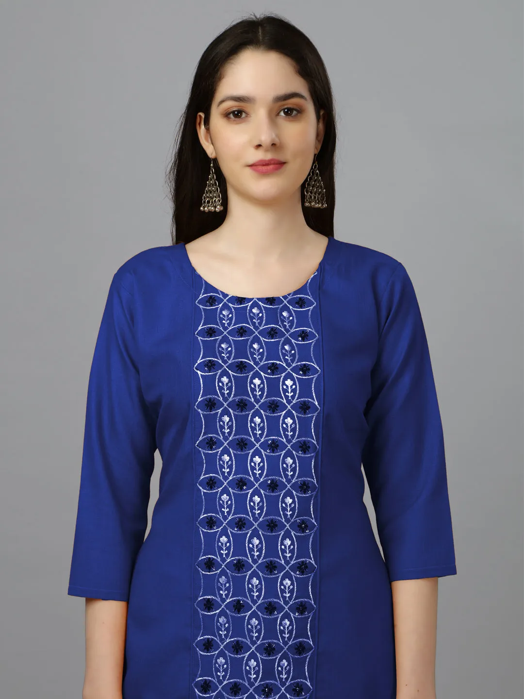 Royal Blue Heavy Cotton Magic Slub With Casual Embroidery Kurti