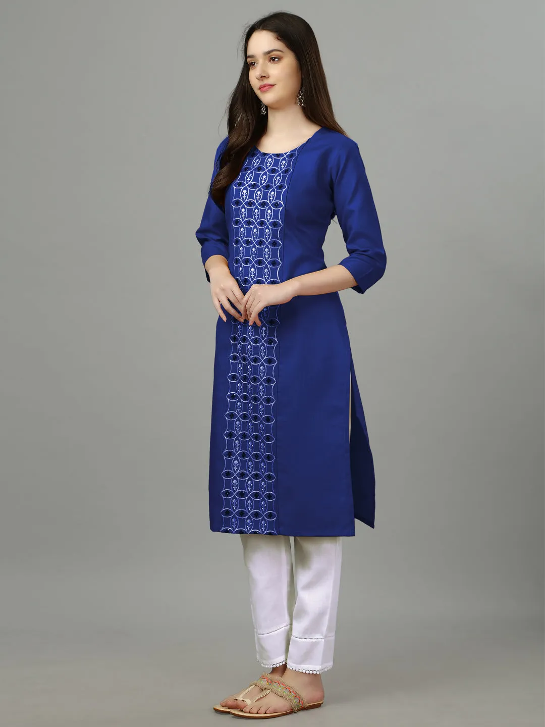 Royal Blue Heavy Cotton Magic Slub With Casual Embroidery Kurti