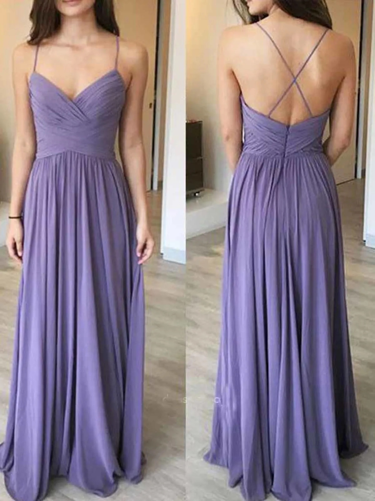 Spaghetti Strap V Neck Crisscross Back Ruched Chiffon Long Bridesmaid Dress