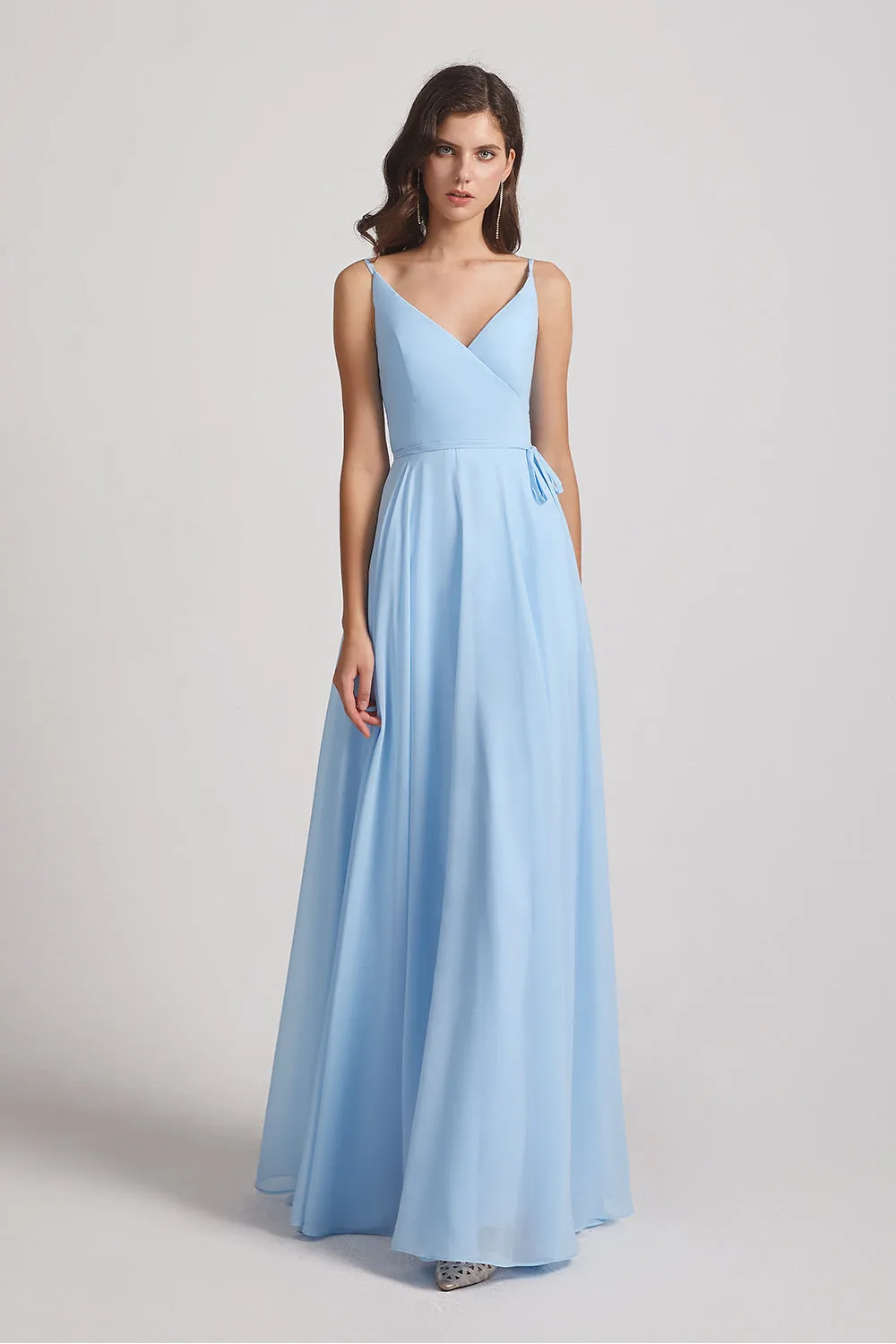Spaghetti Straps V-Neck Faux Wrap Chiffon Maxi Dresses (AF0012)