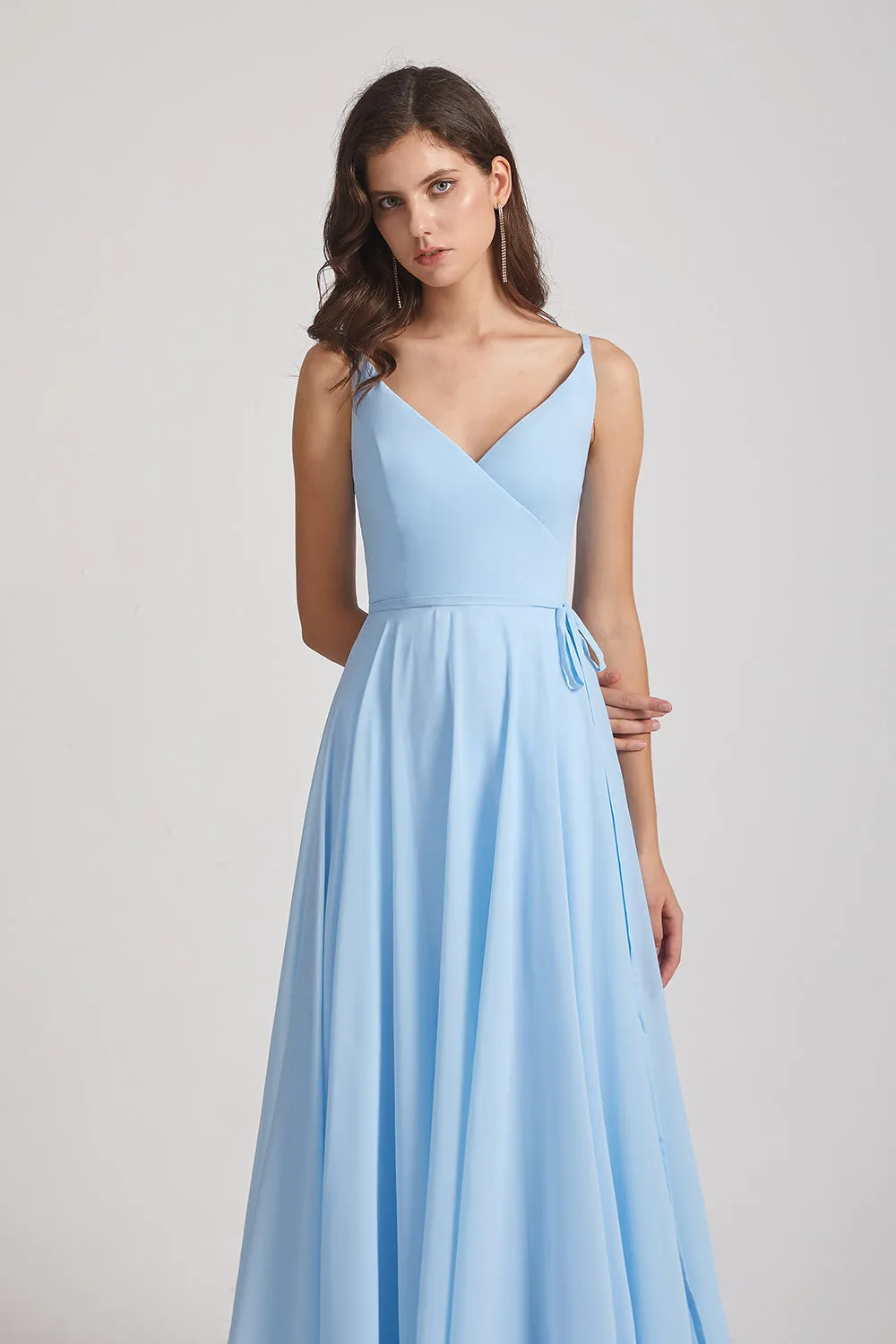 Spaghetti Straps V-Neck Faux Wrap Chiffon Maxi Dresses (AF0012)