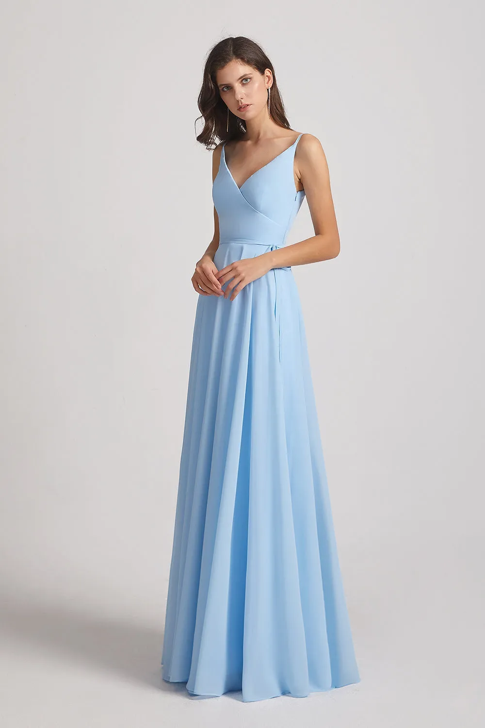 Spaghetti Straps V-Neck Faux Wrap Chiffon Maxi Dresses (AF0012)