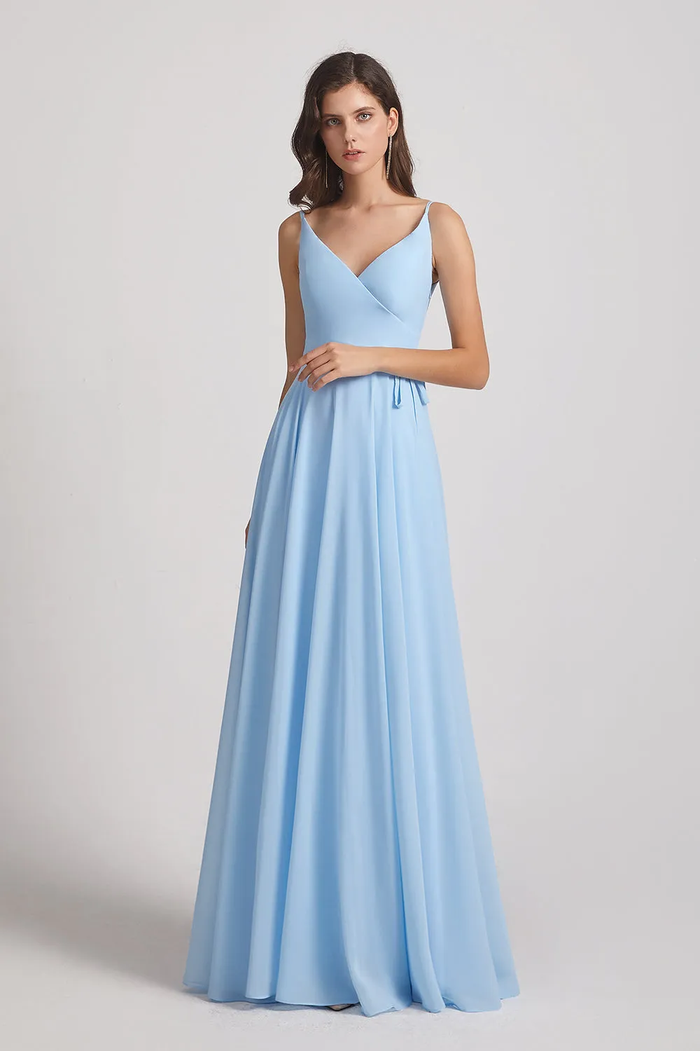 Spaghetti Straps V-Neck Faux Wrap Chiffon Maxi Dresses (AF0012)