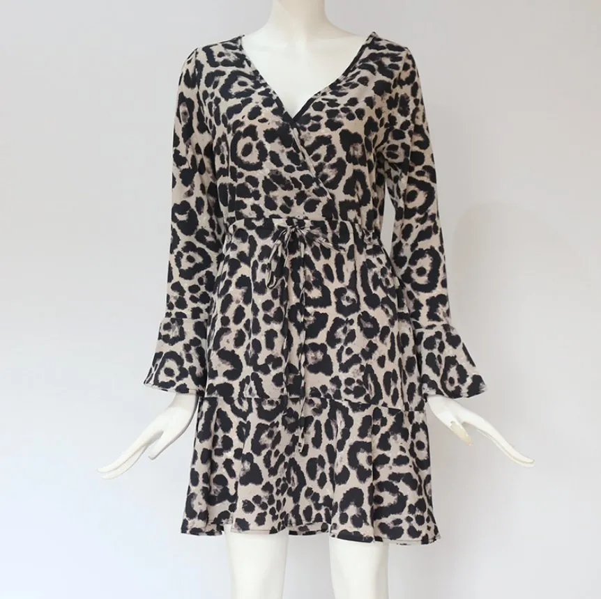 spring hot leopard print V-neck high waist lace ladies chiffon skirt