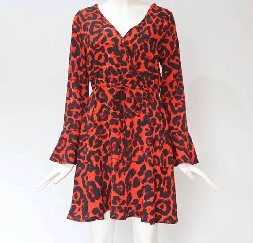 spring hot leopard print V-neck high waist lace ladies chiffon skirt