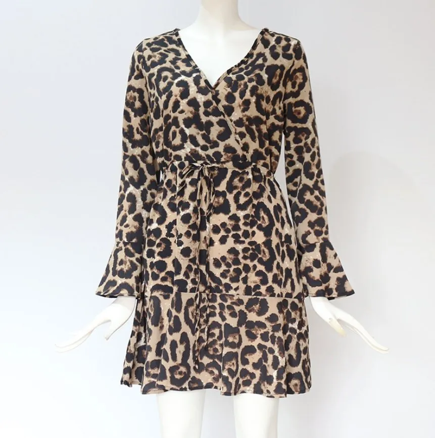 spring hot leopard print V-neck high waist lace ladies chiffon skirt