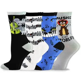 TeeHee Socks Women's Novelty Cotton Crew Animal Music 4-Pack (11997)