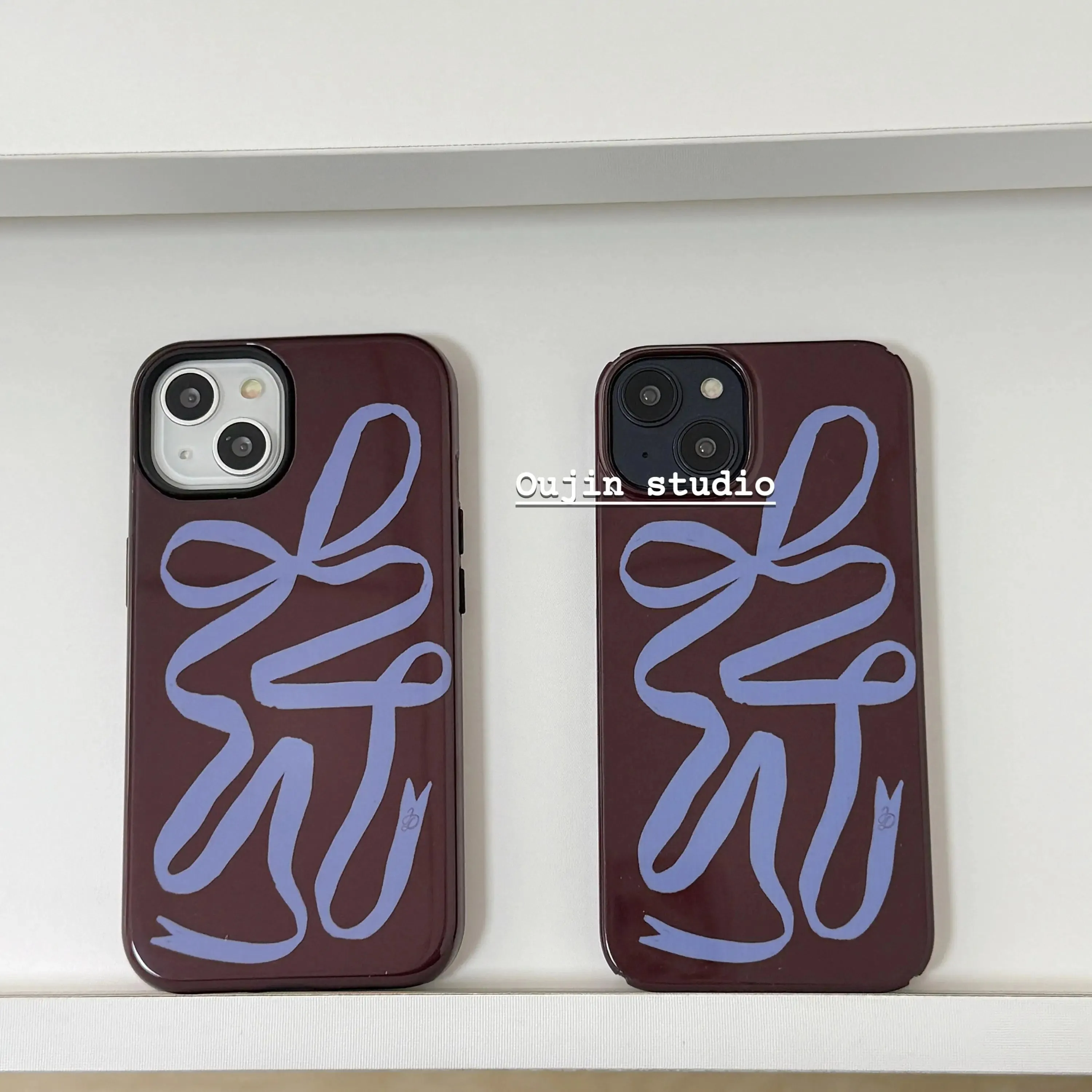Uakiss ins European and American style deep curry blue ribbon for iphone16pro/15pro/14 film apple 2 in one anti-drop protective case
