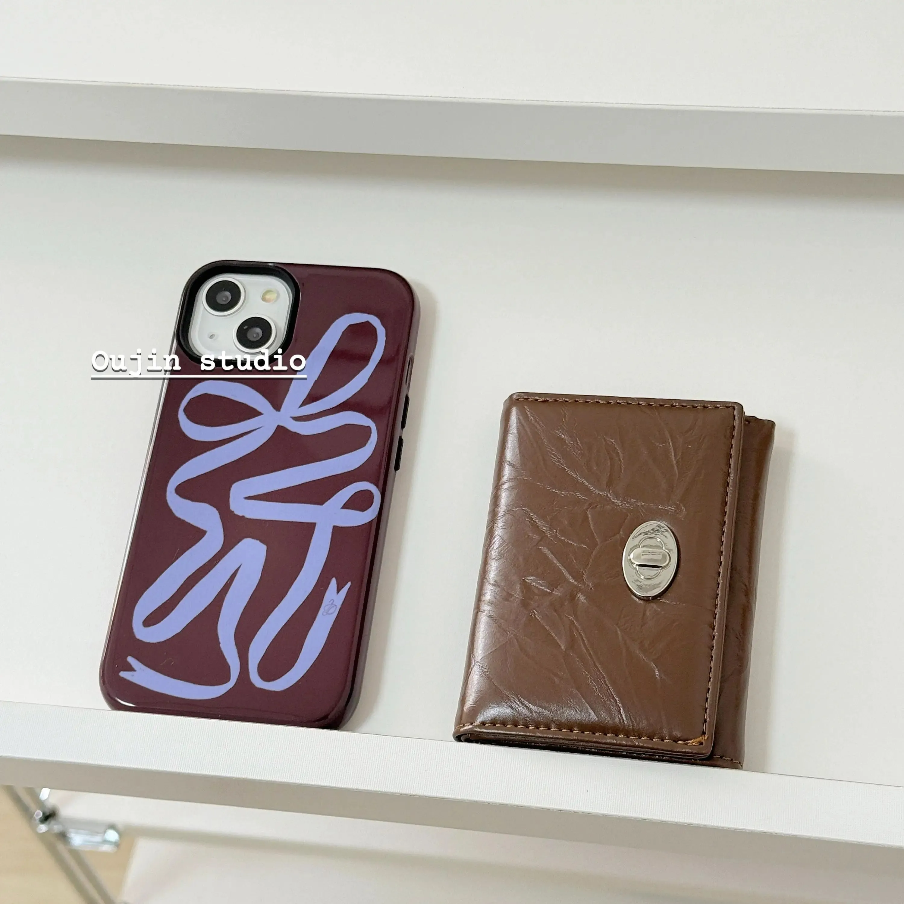 Uakiss ins European and American style deep curry blue ribbon for iphone16pro/15pro/14 film apple 2 in one anti-drop protective case