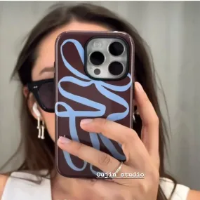 Uakiss ins European and American style deep curry blue ribbon for iphone16pro/15pro/14 film apple 2 in one anti-drop protective case
