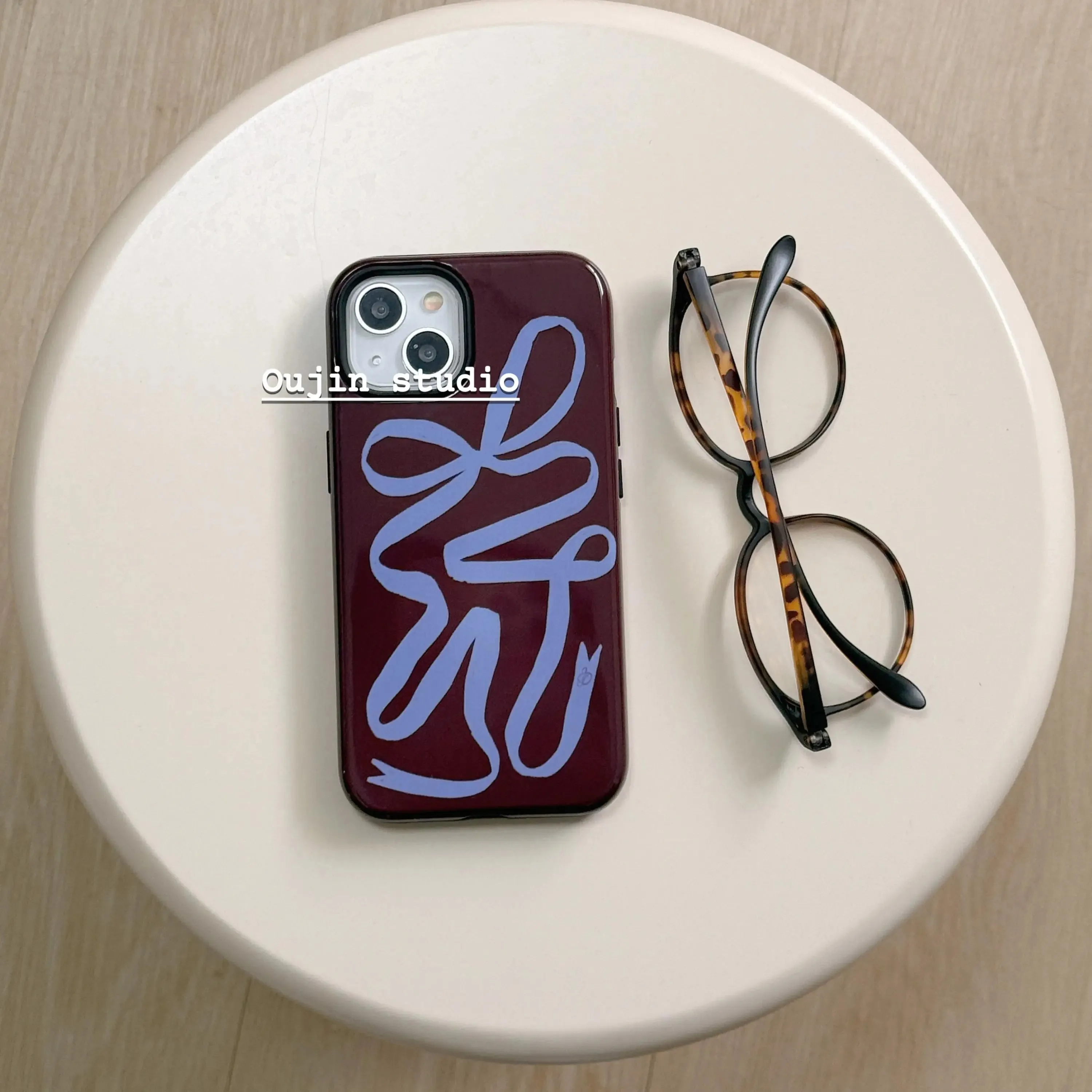 Uakiss ins European and American style deep curry blue ribbon for iphone16pro/15pro/14 film apple 2 in one anti-drop protective case