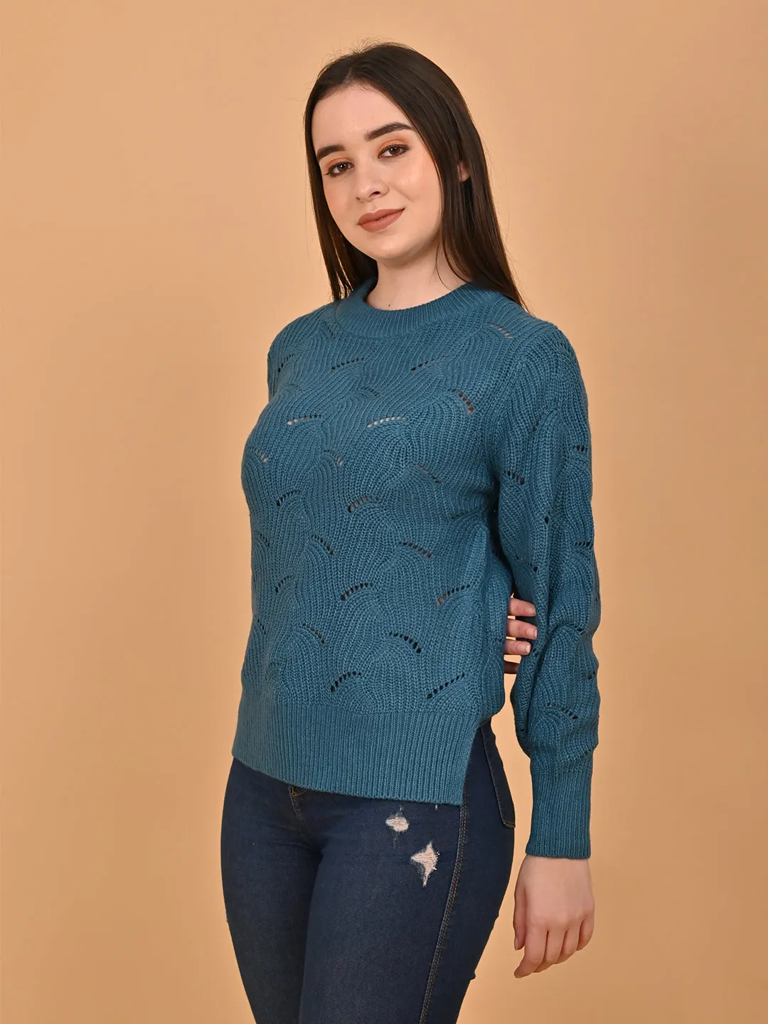 Women Blue Hollow Out Knit Sweater